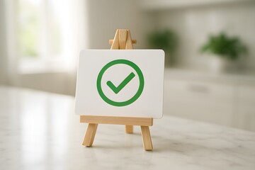Green checkmark approval symbol on wooden easel