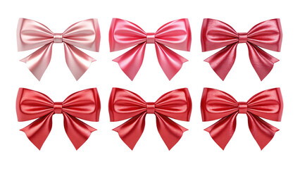 A collection of glossy red ribbon bows with symmetrical loops, perfect for gift wrapping, holiday packaging, isolated on transparent background