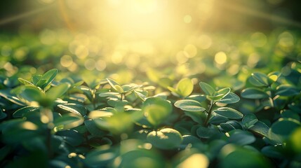 Sunlit, close-up view of fresh green leaves with a blurred background and bright sunlight