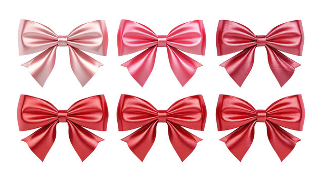 A collection of glossy red ribbon bows with symmetrical loops, perfect for gift wrapping, holiday packaging, isolated on transparent background