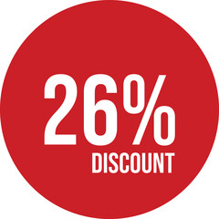 26% discount icon vector red circle with white text