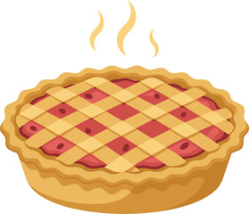 Freshly baked cartoon pie with lattice crust, delicious dessert illustration, warm homemade pastry graphic, sweet bakery food design