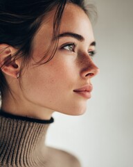 Fototapeta premium calm thoughtful woman looking sideways, minimalistic background