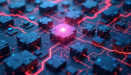 Abstract network of glowing blue and pink digital circuits. Futuristic technology grid with interconnected nodes and pulsing light paths. Digital data flow and complex system structure.