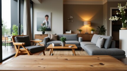 Fototapeta premium empty wooden table with burred Stylish living room setup modern apartment interior design cozy atmosphere close-up home decor 