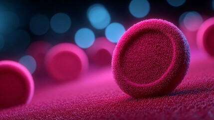 Artistic rendering of red blood cells, showcasing detail in vibrant pink tones and soft background