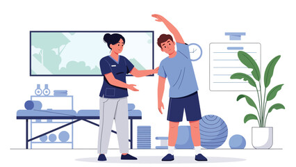 Physiotherapist guiding patient through stretching exercise in therapy room. Flat vector illustration for rehabilitation, recovery, and physical therapy