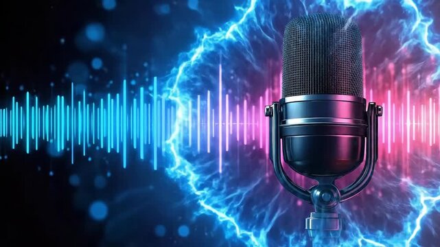Vintage microphone with colorful sound wave patterns in background