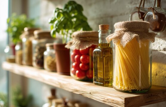 Rustic kitchen shelf with spaghetti jar tomatoes and olive oil - Powered by Adobe