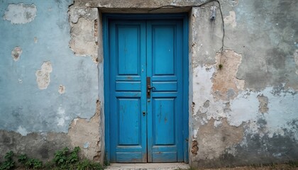 Bright blue wooden door set in weathered distressed old wall. Peeling paint, rough textures, cracks show great age, neglect. Small green plants grow near crumbling facade. Vintage entrance suggests