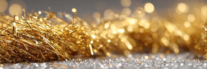 Abstract festive gold glitter and strands background with shimmering bokeh, ideal for holiday, luxury, or celebration marketing visuals