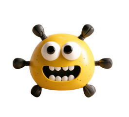 Cute yellow cartoon monster virus character with big smile Isolated on transparent background