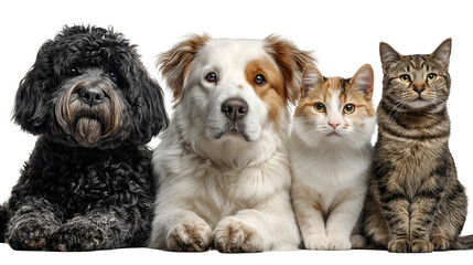Fototapeta premium Diverse group of four domestic pets including a black poodle mix a large fluffy dog a calico cat and a tabby cat posing together against a