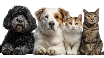 Diverse group of four domestic pets including a black poodle mix a large fluffy dog a calico cat and a tabby cat posing together against a
