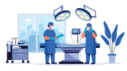 Surgeon preparing for operation with gloves and mask. Flat vector medical illustration for surgery, operation room, and hospital procedures