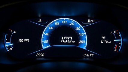 Car Dashboard Speedometer Displaying 100 mph at Night