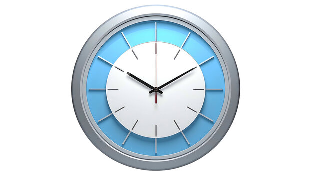 A modern clock with layered blue and white circles and silver bezel against a black backdrop