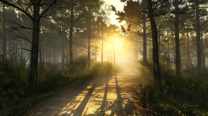 Sunlit forest scene with a dirt road; trees and light create a warm, ethereal atmosphere