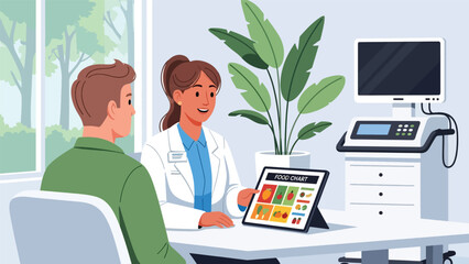 Dietician giving nutrition advice with food chart. Flat vector illustration for healthy eating, wellness consultation, and diet planning