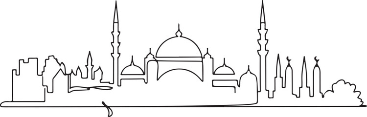 Continuous Line Art of Istanbul European Side Skyline with Mosque Domes Minimal Outline Illustration