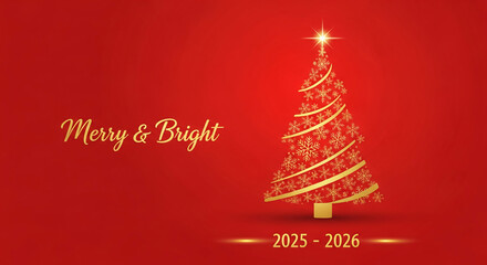 Graphic of golden christmas tree with snowflake ornaments and star on a red background. Holiday concept, representing festive spirit and celebration