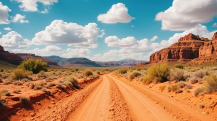 Sand desert hot dirty road path. Outdoor arizona western nature landscape background. Road trip travel adventure explore vibe. Graphic Art