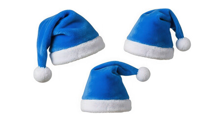 Three blue santa hats with white fluffy trim and pompom details