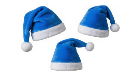 Three blue santa hats with white fluffy trim and pompom details
