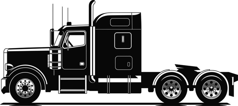 Classic semi-trailer truck cab vector silhouette, heavy transport vehicle, long haul freight, commercial delivery