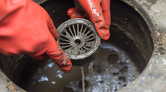Close-up of gloved hands removing a dirty drain strainer from a clogged drain. The strainer is silver and black, with a round design. Water is dripping from the strainer.