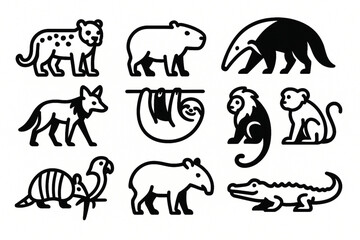 Obraz premium Brazilian animal silhouette vector icon set with jaguar capybara anteater maned wolf sloth tamarin armadillo tapir macaw and caiman