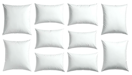 Array of ten white, fluffy pillows arranged in three rows, showcasing various sizes