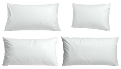 Four white rectangular pillows, varying sizes, on a black background, realistic rendering