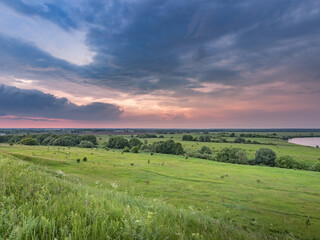 Large field of grass with a beautiful sunset in the background