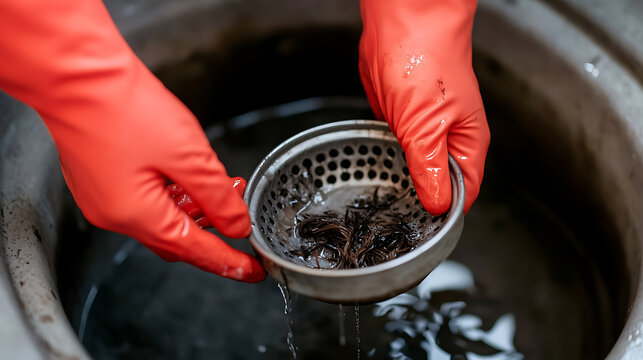 Clogged drain: A gloved hand pulls out a strainer full of tangled hair and debris from a sink. Drain maintenance is essential for a functional household system.