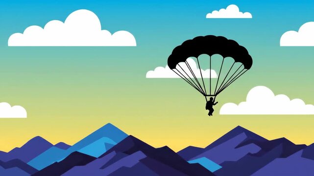 Parachutist silhouette against a vibrant sky with mountains and clouds, capturing the thrill of extreme sports and adventure.