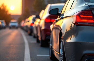 Naklejka premium Long line of cars waits on highway during sunset. Traffic congestion slows movement along asphalt road. Blurred vehicles create a sense of urgency and delay.