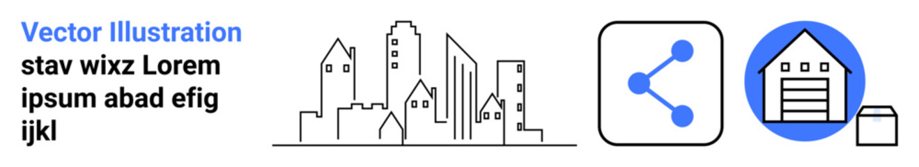 Urban planning, cybersecurity, data sharing, logistics, storage solutions, digital security. A city skyline, a sharing symbol and a warehouse icon with lock. Urban planning and digital security