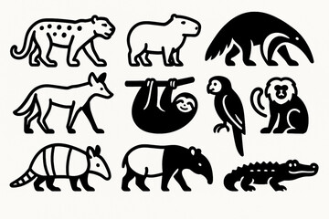 Obraz premium Brazilian animal silhouette vector icon set with jaguar capybara anteater maned wolf sloth tamarin armadillo tapir macaw and caiman