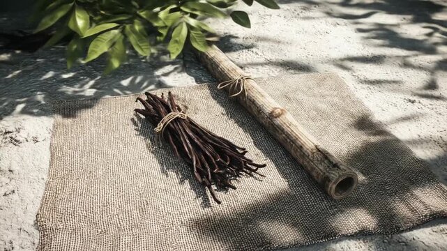 Still life composition of vanilla pods, a rolled bamboo stalk, and foliage casting shadows