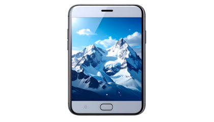 A sleek phone displays a mountain landscape with blue sky