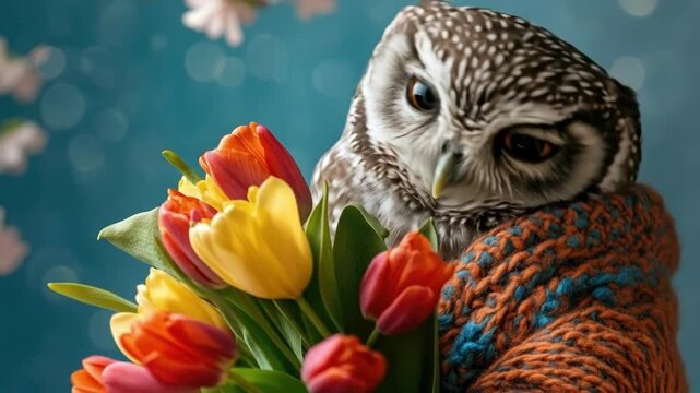 Owl wrapped in knitted scarf holding colorful tulips against blue background. March 8, International Women's Day. Mother's Day. Spring