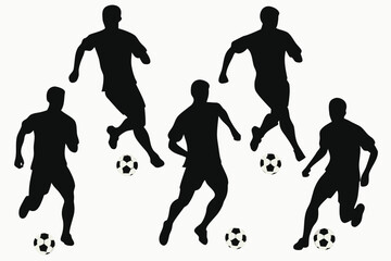 Dynamic silhouettes of soccer players in action with footballs on white background