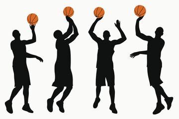 Silhouettes of basketball players in action jumping and shooting the ball