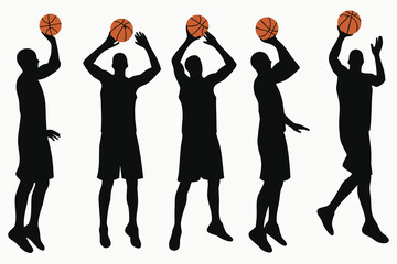 Silhouettes of basketball players in various shooting poses against a white background