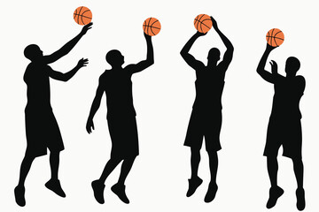 Silhouettes of basketball players in various action poses during a game