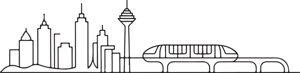 Continuous Line Art of Jakarta Skyline with Monorail Curve Minimal Outline Illustration