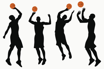 Silhouettes of basketball players jumping and shooting a basketball during a game