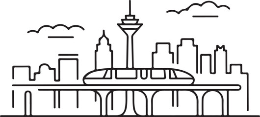 Continuous Line Art of Jakarta Skyline with Monorail Curve Minimal Outline Illustration