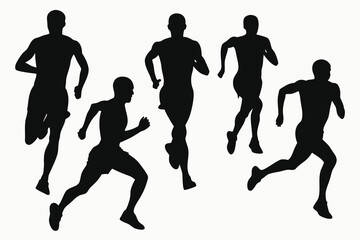 Silhouettes of five male athletes running in motion against a white background